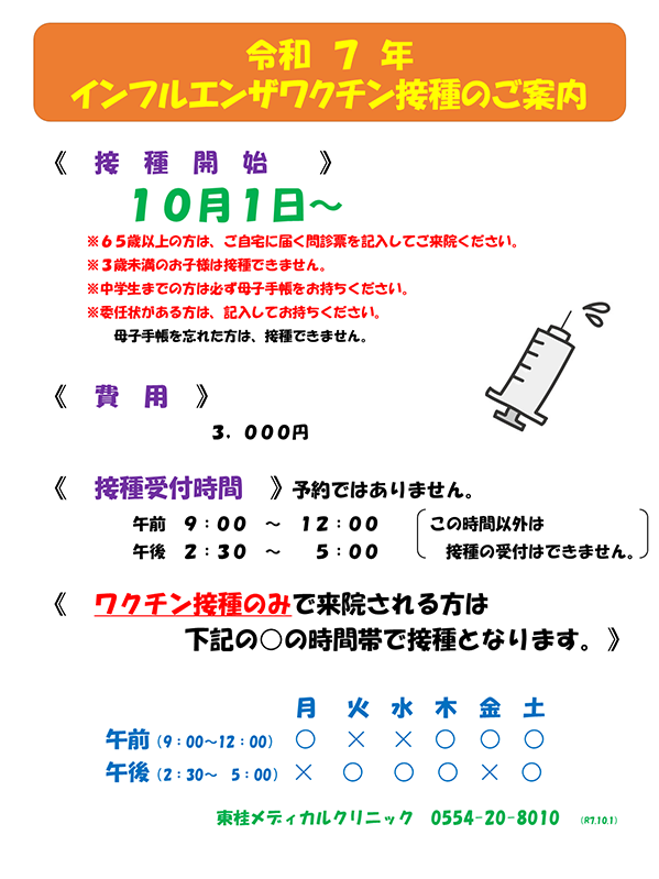 令和7年インフルエンザワクチン接種のご案内
